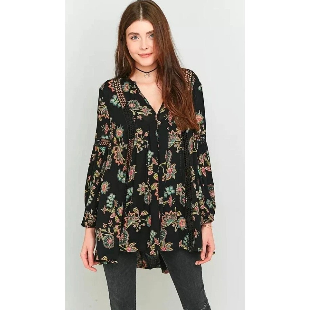 Free People Womens Just The Two Of Us Tunic Top Black Pink Floral Long Sleeve XS